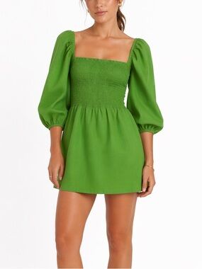 Reformation Greyson Green Linen Smocked Puff Sleeve Mini Dress XS Square Neck